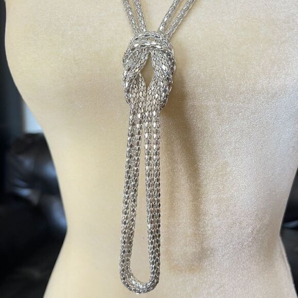 Shiny Silver Tone Long Double Strand Knotted Snake Chain‎ Necklace 39 in - Picture 9 of 12